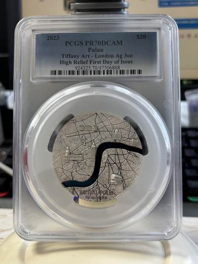 第183期拍卖 - 帕劳2023年城市蒂凡尼伦敦镶嵌玻璃3盎司银币PCGS-PR70首无盒无证书，999银，发行999枚