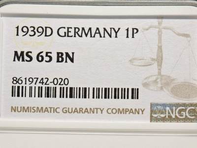 【德藏】世界币章拍卖第155期（拍品征集中~欢迎藏友联系） - 1939年 德国1芬尼铜币 NGC MS65BN 亚军分 仅1枚更高（原图请查询NGC评级公司官网）