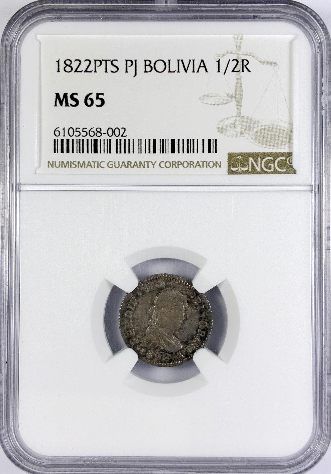 【雨安】【直播拍卖】【世界币章117期-评级币】2025-11-29 周六 19:30 保真 [评级美洲] Spain Bolivia 西属玻利维亚 1/2里亚尔 KM#0090 (1814-1825) 斐迪南七世 1822年  NGC-MS65