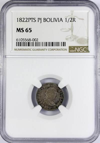 【雨安】【直播拍卖】【世界币章117期-评级币】2025-11-29 周六 19:30 保真 - [评级美洲] Spain Bolivia 西属玻利维亚 1/2里亚尔 KM#0090 (1814-1825) 斐迪南七世 1822年  NGC-MS65