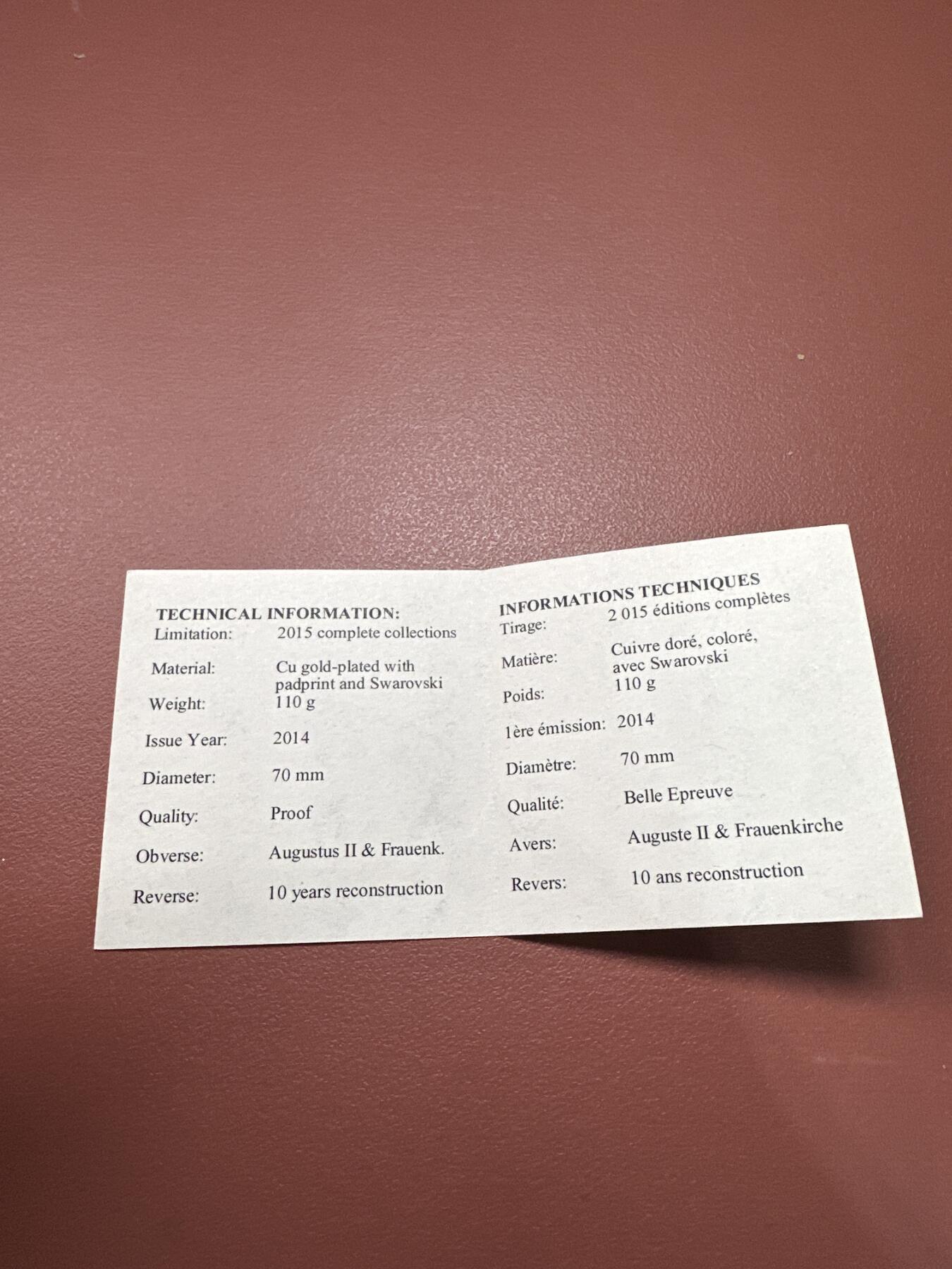 12.4铜章专场 2014年德累斯顿圣母教堂重建10周年彩色高浮雕精致镀金纪念章 镶施华洛世奇水晶70mm