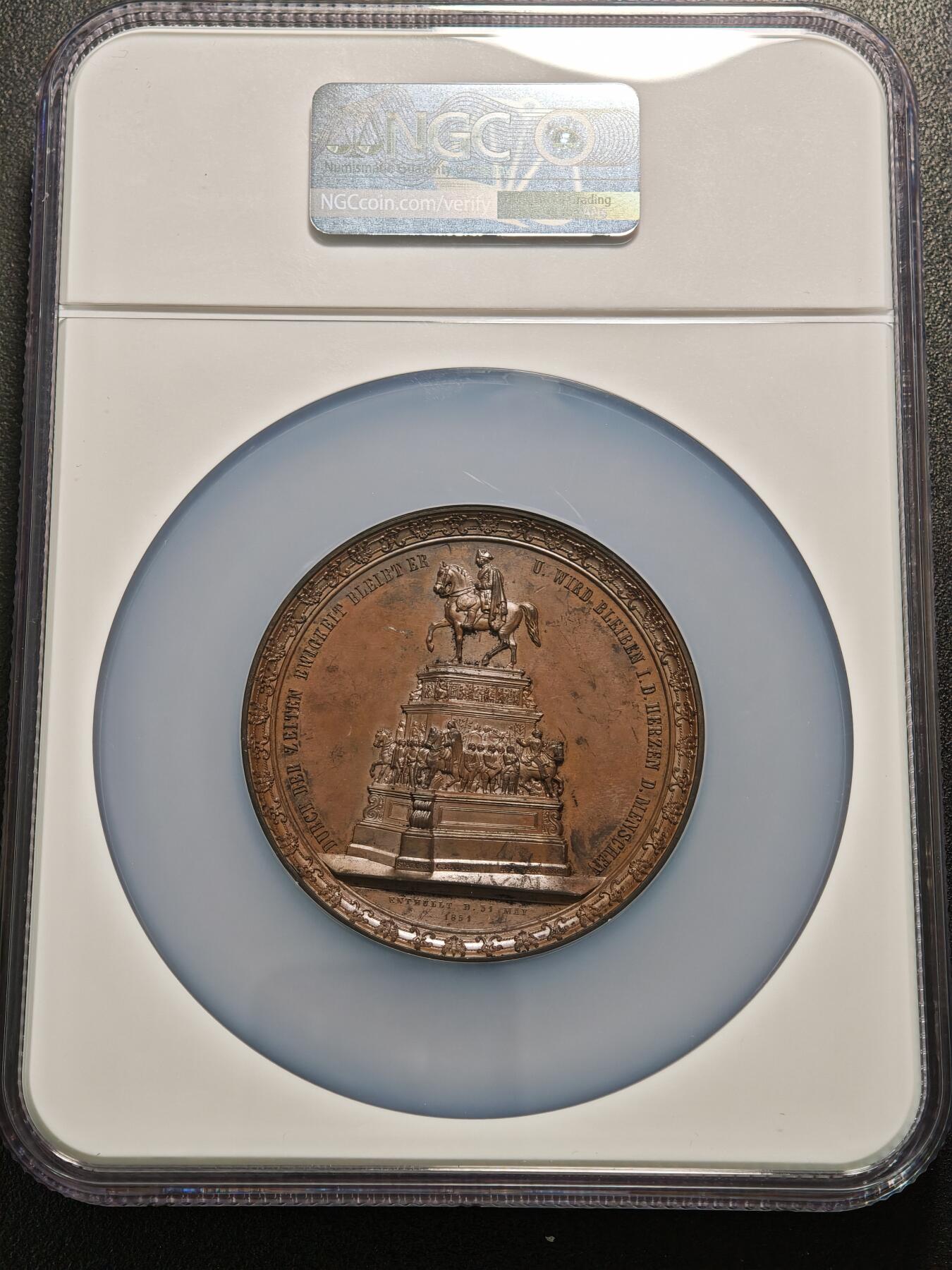 【德藏】世界币章拍卖第155期（拍品征集中~欢迎藏友联系） 1851年 德国普鲁士腓特烈大帝60mm高浮雕纪念大铜章 NGC MS62BN 包浆温润 立体感极强