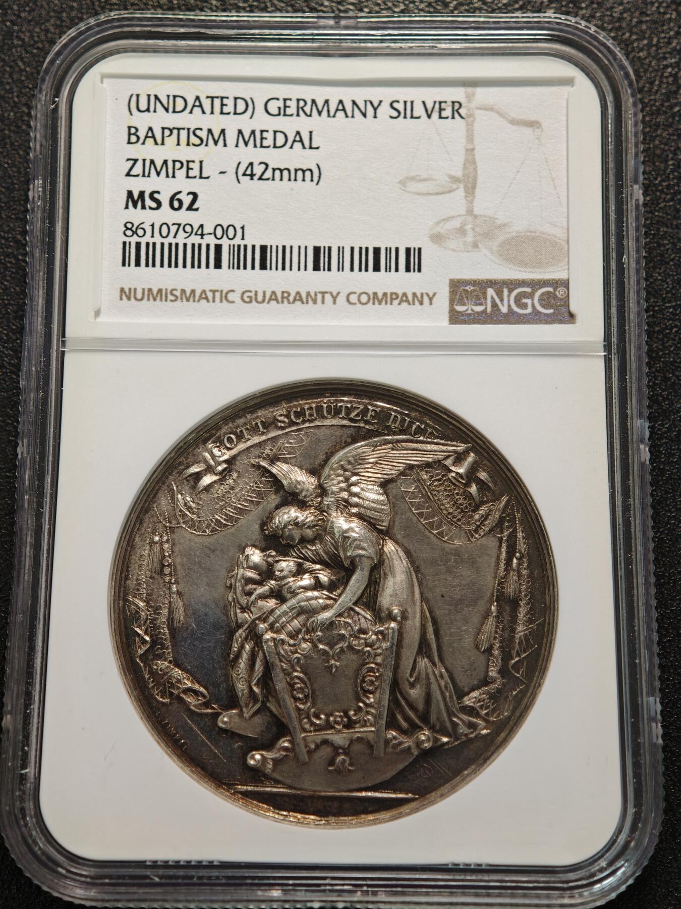 【德藏】世界币章拍卖第155期（拍品征集中~欢迎藏友联系） 19世纪 德国宗教洗礼高浮雕纪念银章 NGC MS62 浮雕感极强 人物刻画细致 细节极其丰富