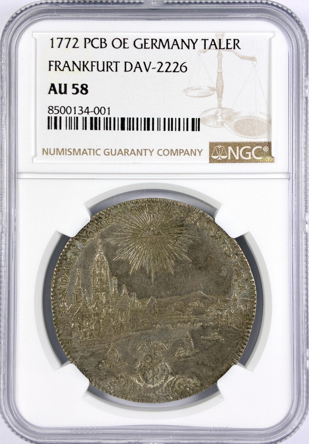 【雨安】【直播拍卖】【世界币章117期-评级币】2025-11-29 周六 19:30 保真 [评级德国] Germany 德国 德意志 1泰勒 Frankfurt法兰克福 KM#0251 (1772) 景观泰勒 1772年  NGC-AU58 深打 细节非常好