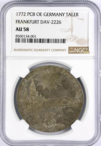 【雨安】【直播拍卖】【世界币章117期-评级币】2025-11-29 周六 19:30 保真 - [评级德国] Germany 德国 德意志 1泰勒 Frankfurt法兰克福 KM#0251 (1772) 景观泰勒 1772年  NGC-AU58 深打 细节非常好