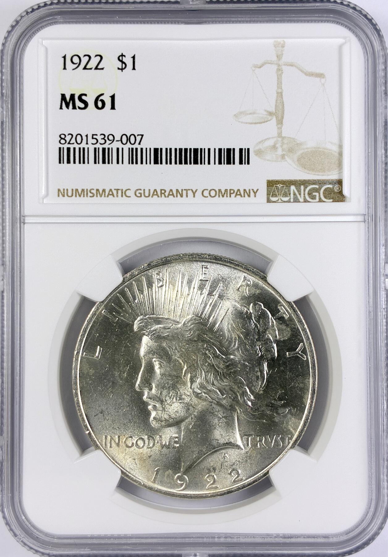 【雨安】【直播拍卖】【世界币章117期-评级币】2025-11-29 周六 19:30 保真 [评级美洲] USA 美国 1美元 和平鸽 1922年  NGC-MS61