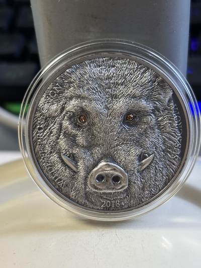 第183期拍卖 - 蒙古2018年珍稀动物系列野猪镶嵌水晶仿古纪念银币，1盎司，发行2500枚，999银