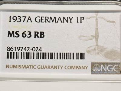 【德藏】世界币章拍卖第155期（拍品征集中~欢迎藏友联系） - 1937年 A厂 德国1芬尼铜币 NGC MS63RB（原图请查询NGC评级公司官网）