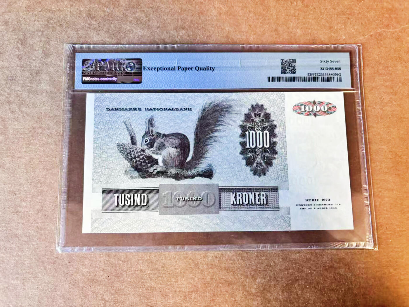 【Blue Auction】世界纸币精拍第756期——18级TOP拍卖/信誉/品质/专业/高效💫 丹麦 1986年1000克朗 大松鼠 PMG67EPQ 高分
