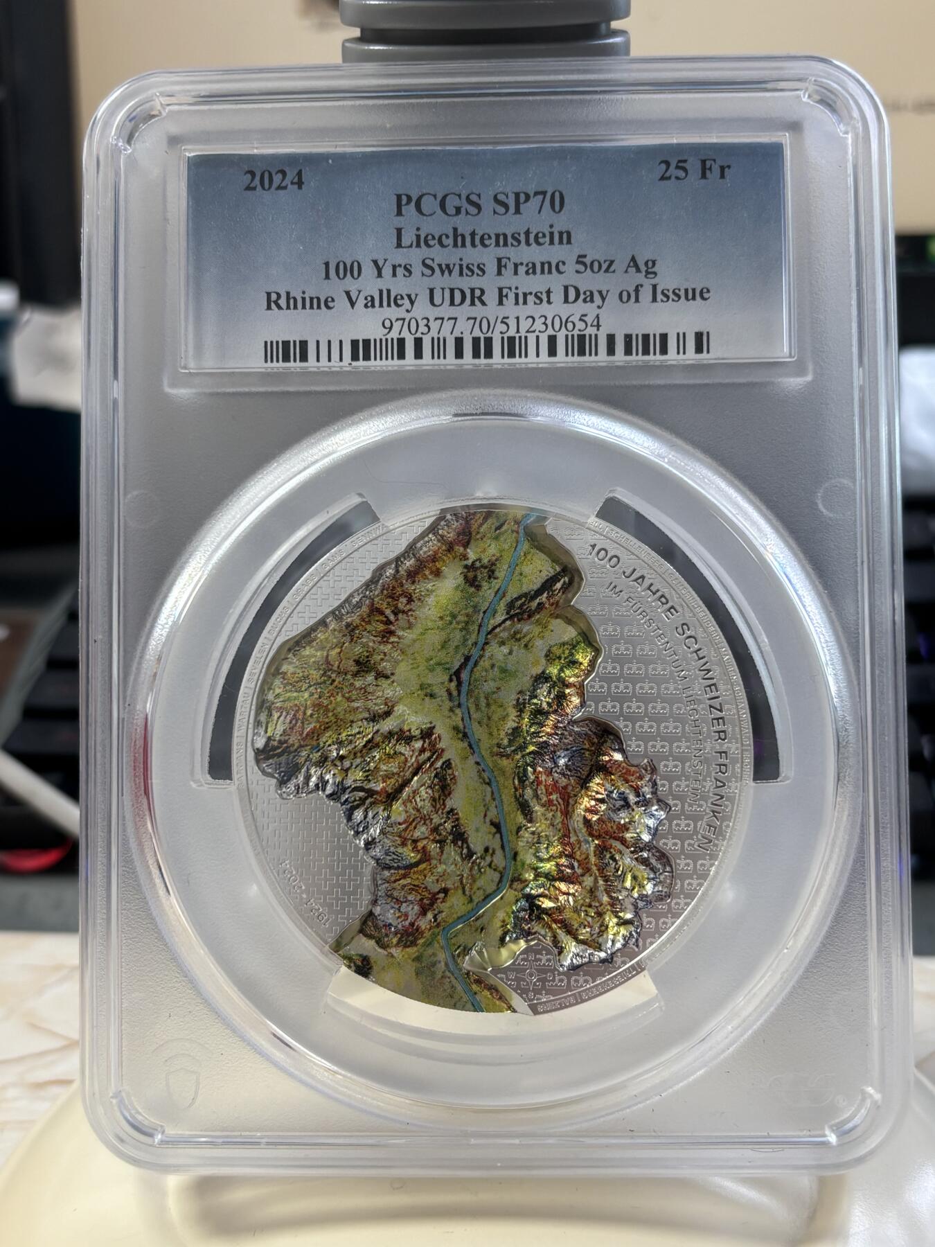第183期拍卖 列支敦士登2024年莱茵河谷100年瑞士法郎5盎司纪念银币PCGS-SP70无盒无证书，9999银，发行500枚