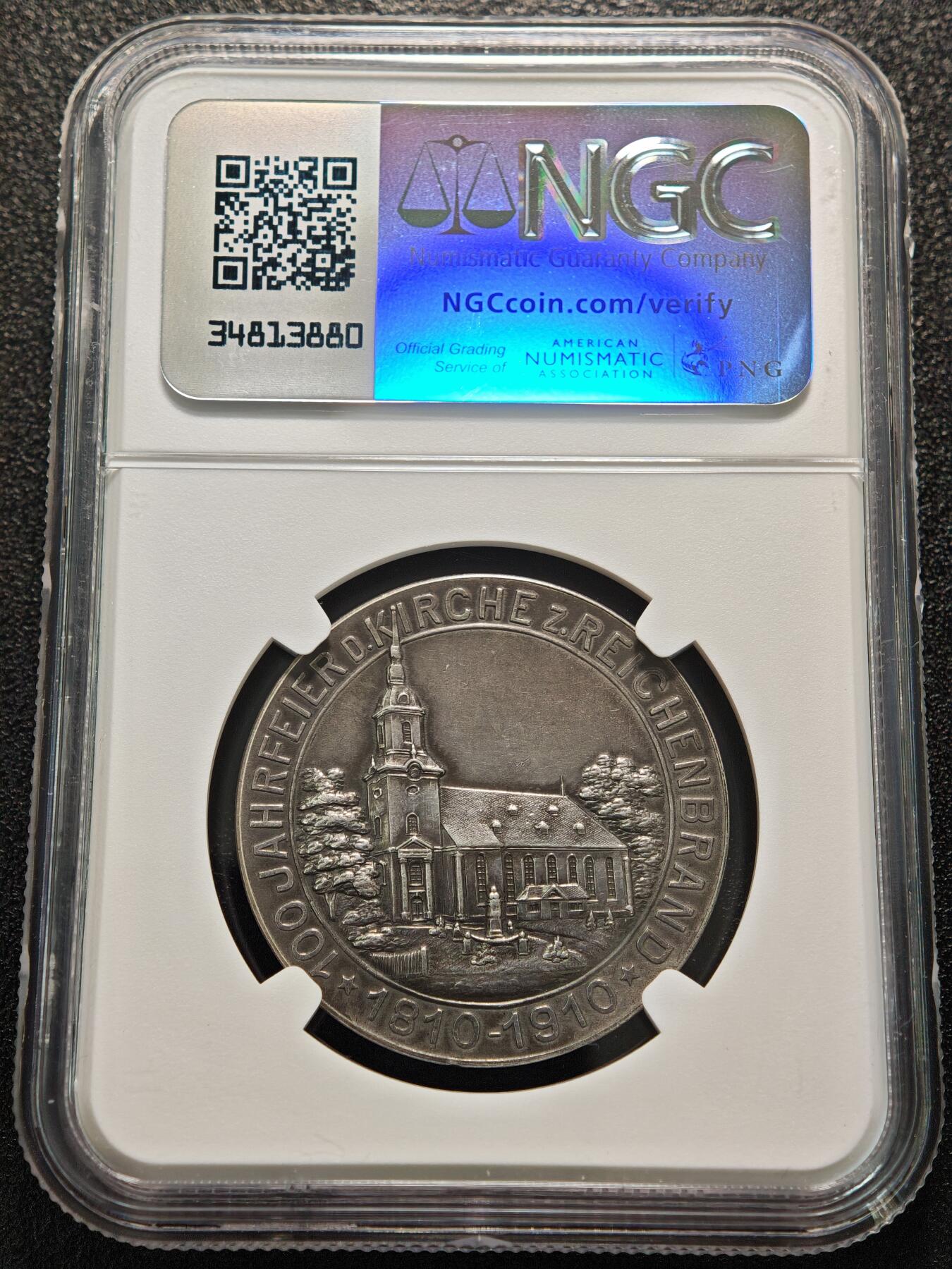 【德藏】世界币章拍卖第155期（拍品征集中~欢迎藏友联系） 1910年 德国赖兴堡教堂百年纪念银章 NGC MS62 原味老包浆 细节丰富