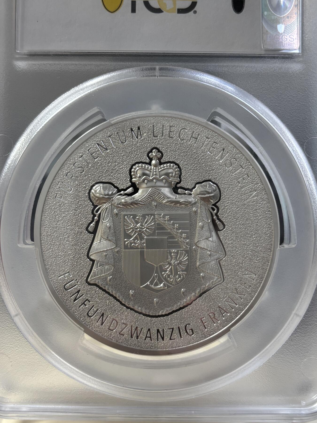 第183期拍卖 列支敦士登2024年莱茵河谷100年瑞士法郎5盎司纪念银币PCGS-SP70无盒无证书，9999银，发行500枚