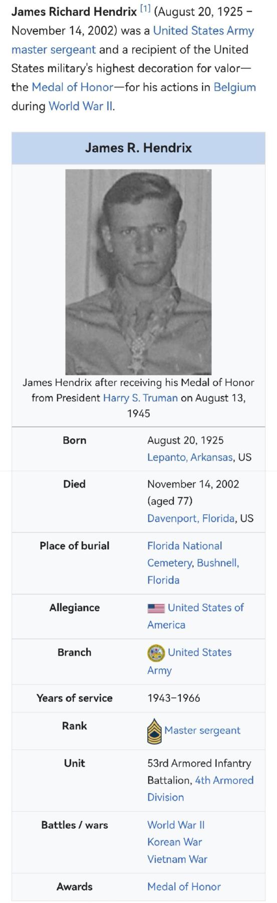 小驴勋章奖章收藏11月29日周六晚六点拍卖（珍爱和平，收藏战争，铭记历史，勿忘国耻，忠党爱国。有偿代拍，送拍规则在简介最后，参拍须阅读规则后再参拍，关系到运费包装发货时效真假辨别等关键信息，拍卖时不再发原图，看大图店主微信码在拍卖店铺介绍里） 荣誉勋章获得者第4装甲师詹姆斯·理查德·亨德里克斯战后签名照和在证书复印件上的亲签，从诺曼底登陆参加了突出部战役，在巴斯托涅（看过兄弟连的朋友应该不陌生）俘获两门88火炮班组人员，还从被击中半履带车上拽下同袍，简直就是阿米利卡超人