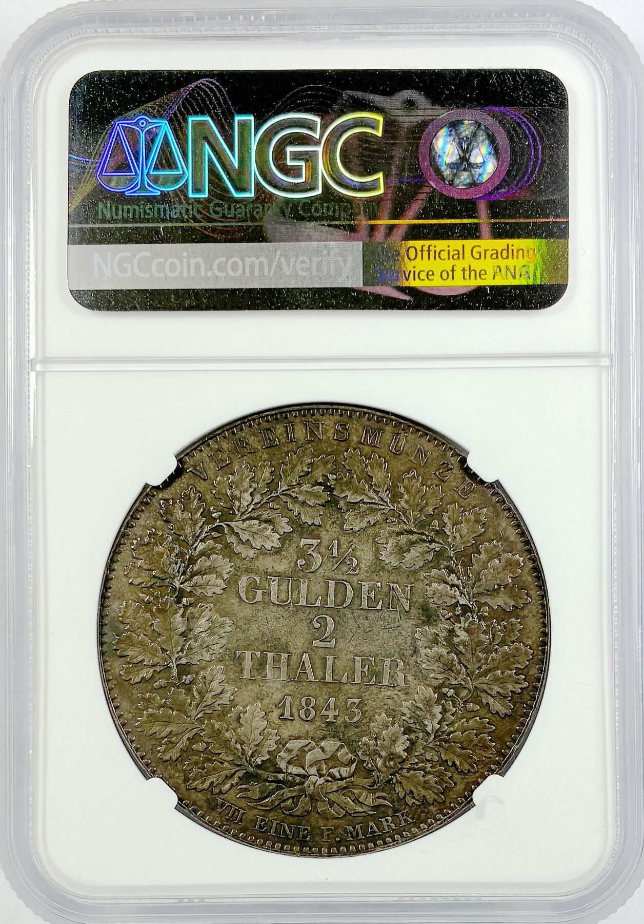 【雨安】【直播拍卖】【世界币章117期-评级币】2025-11-29 周六 19:30 保真 [评级德国] Germany 德国 德意志 2泰勒 Frankfurt法兰克福 Thun.130 KM#0326 景观泰勒 1843年  NGC-AU58 原味五彩老包浆