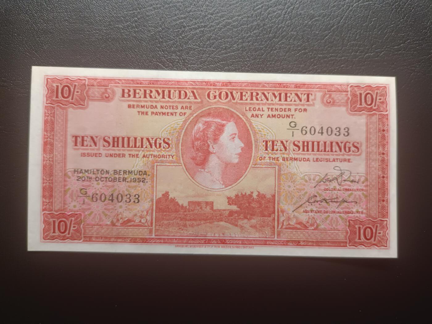 2025十一月第七期，总205期 英属百慕大1952年10先令AUNC此年份首冠G/1，青年女王