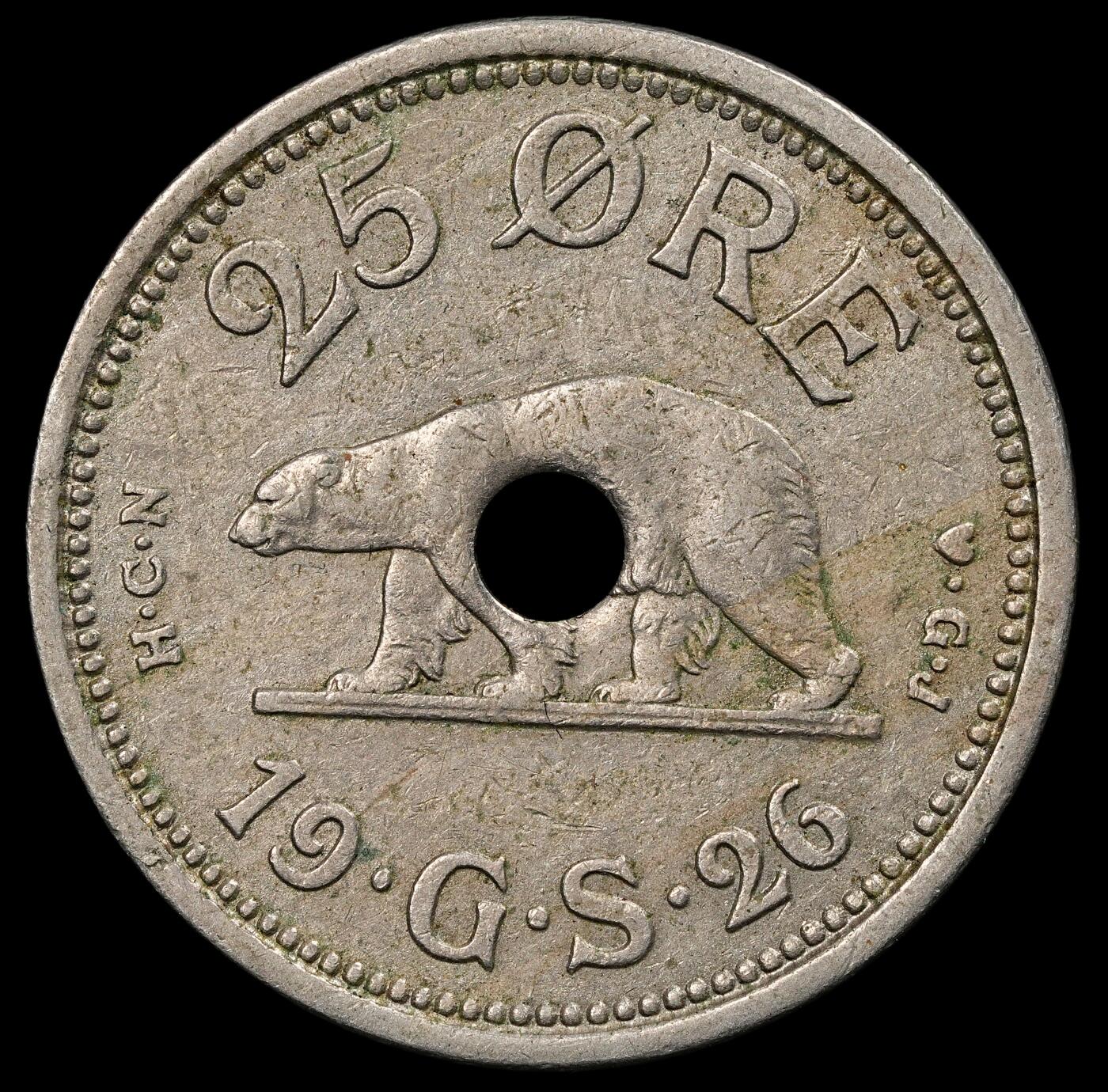 修遠堂世界钱币第九十五期 1926年格陵兰中孔25欧尔  1940/41年在纽约打孔，以避免 与1克朗硬币混淆，仅打孔6万枚