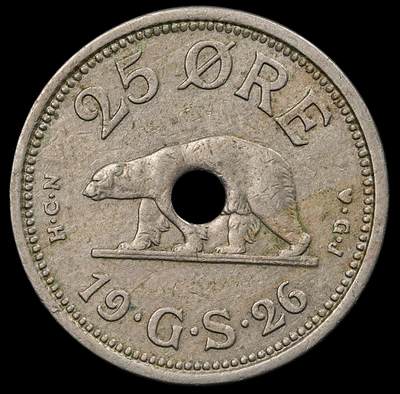 修遠堂世界钱币第九十五期 - 1926年格陵兰中孔25欧尔  1940/41年在纽约打孔，以避免 与1克朗硬币混淆，仅打孔6万枚