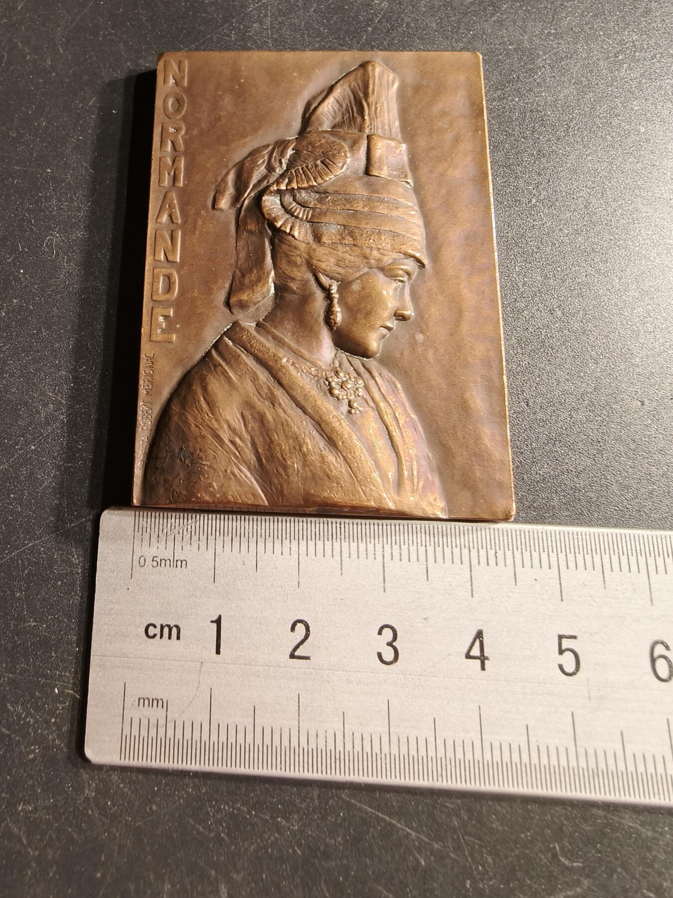 老王徽章第166期 法国诺曼底女性方形大铜章    高浮雕    尺寸64×43mm.    重量107.4g