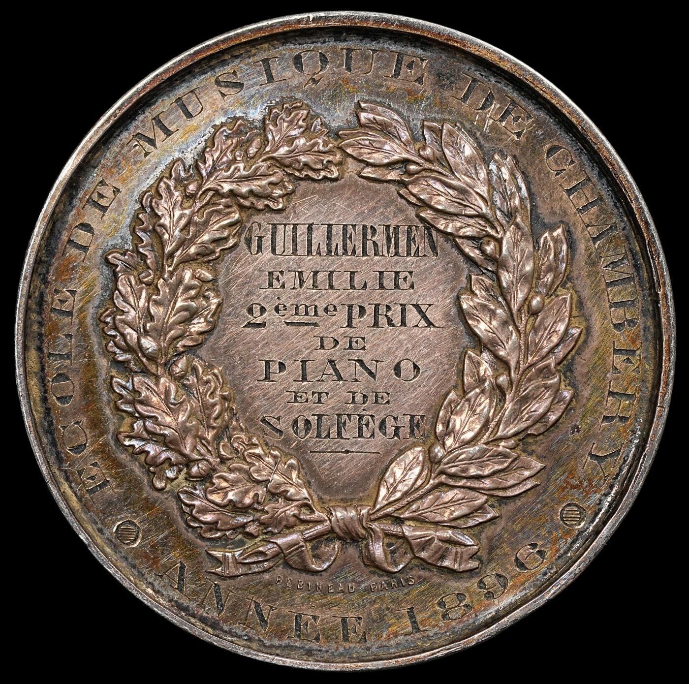 修遠堂世界钱币第九十五期 1896年法国钱伯里音乐学院银章36.5 mm, 21.14 g 边缘有磕碰 950银标