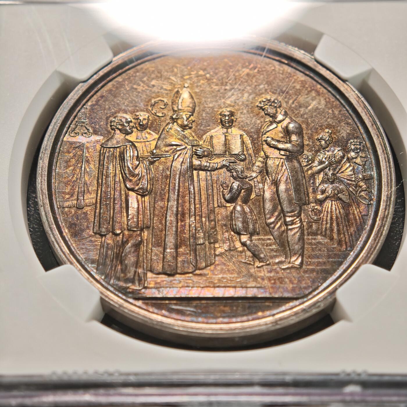 【德藏】世界币章拍卖第155期（拍品征集中~欢迎藏友联系） 19世纪 德国宗教洗礼纪念银章 NGC MS61 深彩包浆 细节细腻