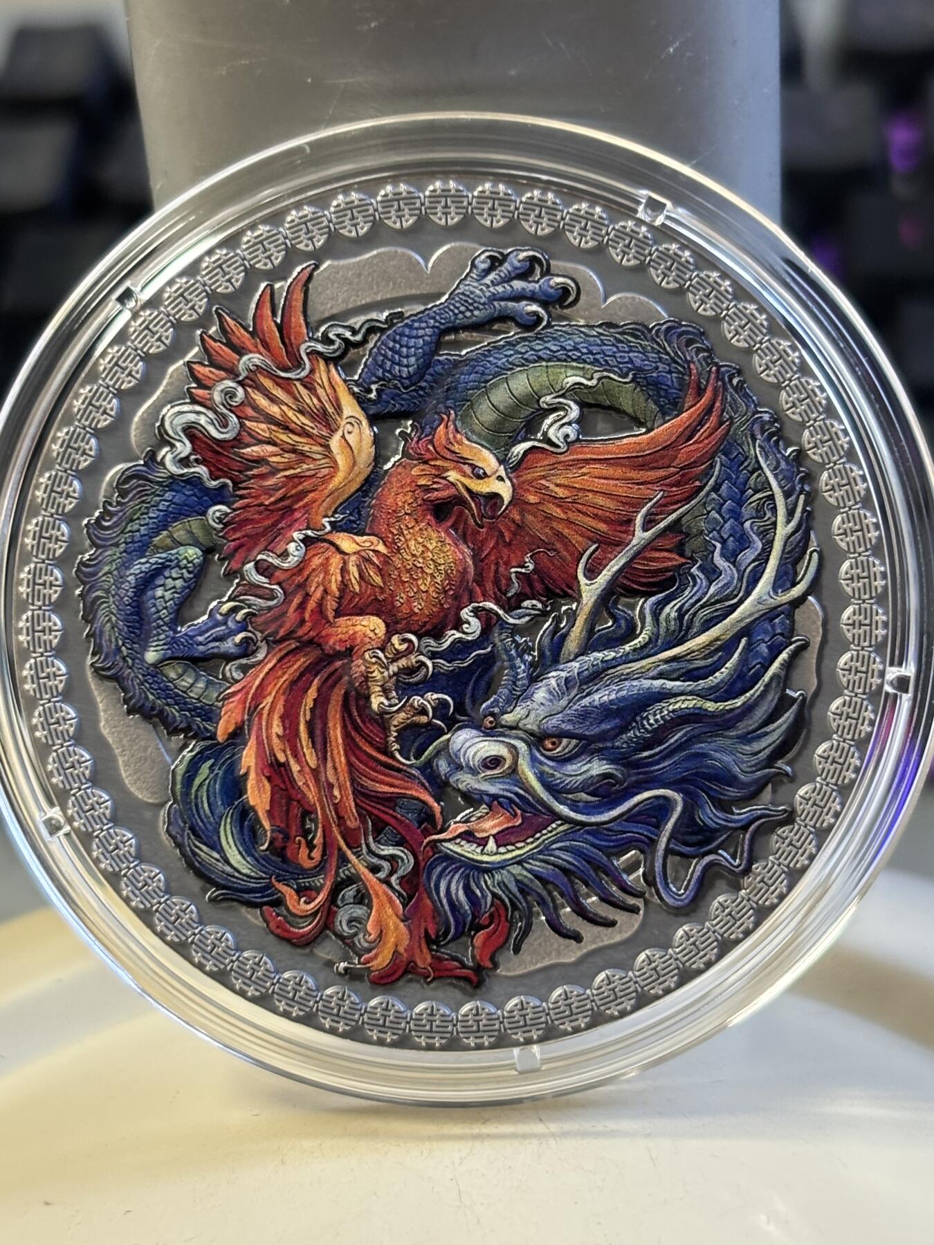 第183期拍卖 加纳2021年中国文化龙凤仿古彩色50克纪念银币，999银，发行888枚