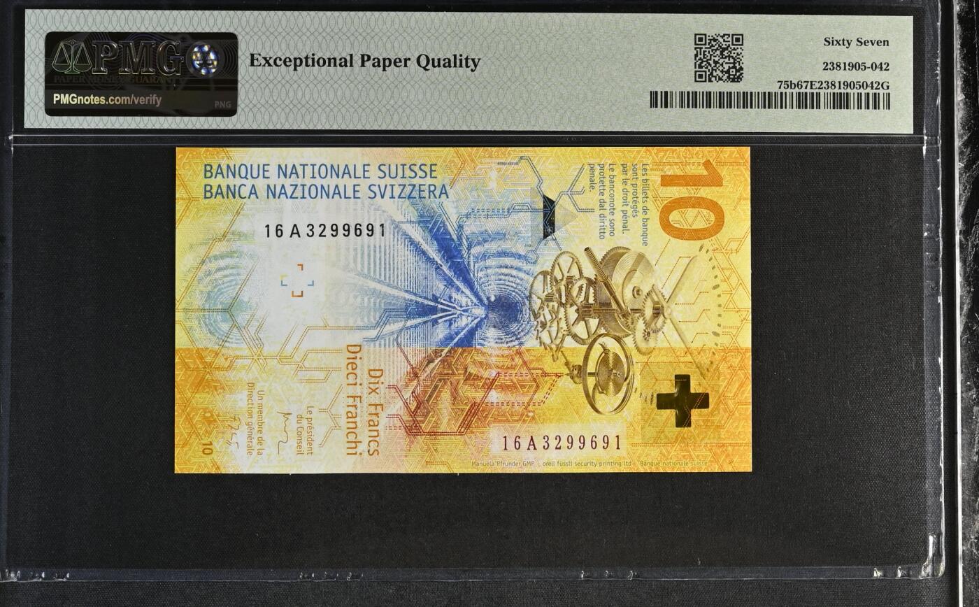 《艾美收藏》第222期-11.30周日外币畅拍 瑞士手版2016年A冠10法郎PMG67E亚军分无47 Pick#75b第二签名 IBNS获奖钞 价格持续上涨品种