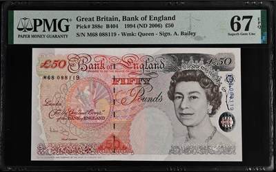 《艾美收藏》第222期-11.30周日外币畅拍 - 英国E序列初版1994年50镑PMG67E高分少见超靓倒置M68 088119 女王 Bailey签 Pick#388c