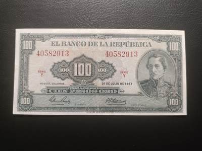 2025十一月第七期，总205期 - 哥伦比亚1967年100比索流通好品XF，桑塔德将军，早期中高面值品种