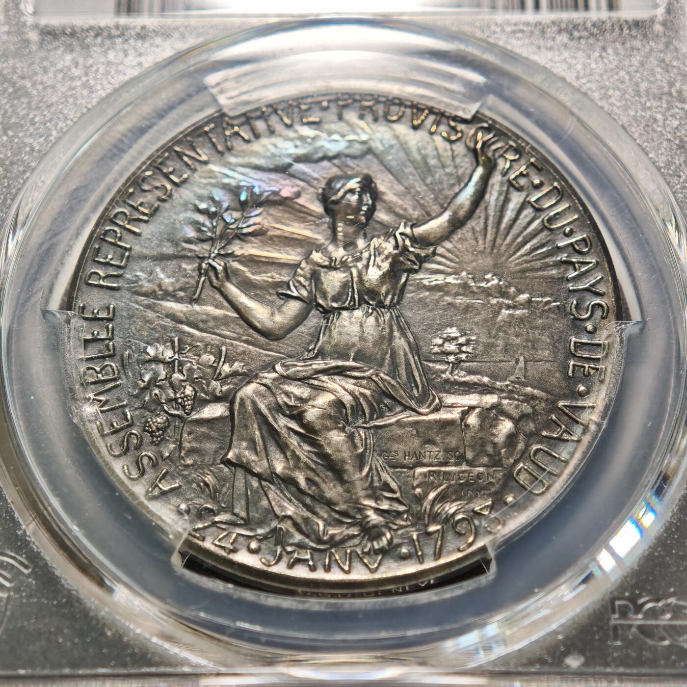 【德藏】世界币章拍卖第155期（拍品征集中~欢迎藏友联系） 1897年 瑞士沃州独立百年纪念银章 PCGS SP64 五彩包浆 绚丽多彩 极具吸引力 亚军分 仅2枚更高