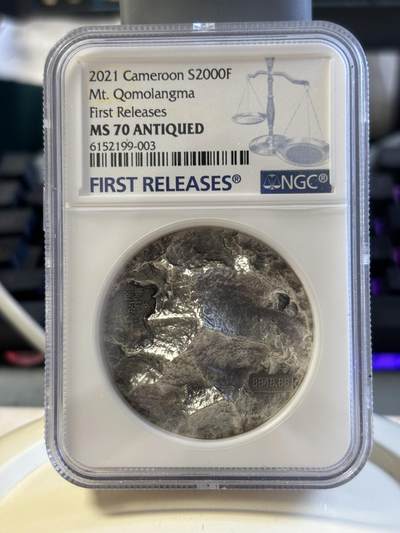 第183期拍卖 - 喀麦隆2021年世界高峰系列1珠峰2盎司超高浮雕银币NGC-MS70首原盒证书，2盎司，999银，发行333枚