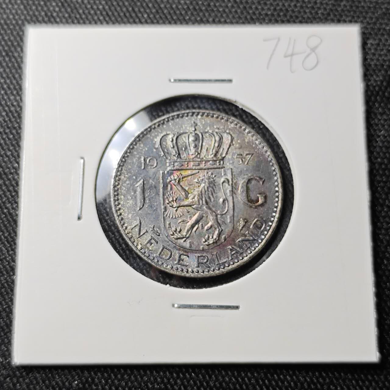 KK钱币收藏小铺 （套币 好品/批量散币 银币）专场  2月预留时间 周末发货  1957荷兰1盾银币 带彩好品