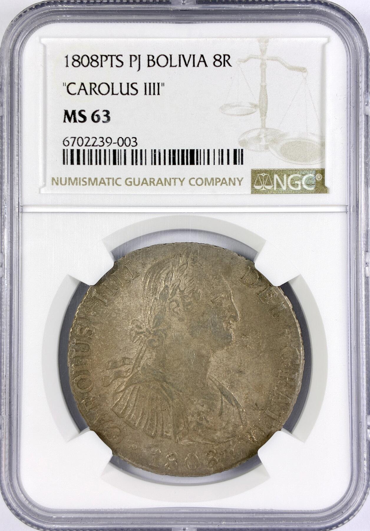 【雨安】【直播拍卖】【世界币章117期-评级币】2025-11-29 周六 19:30 保真 [评级美洲] Spain Bolivia 西属玻利维亚 8里亚尔 KM#0073 (1791-1808) 卡洛斯四世 1808年  NGC-MS63