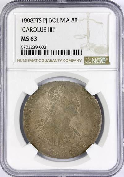 【雨安】【直播拍卖】【世界币章117期-评级币】2025-11-29 周六 19:30 保真 - [评级美洲] Spain Bolivia 西属玻利维亚 8里亚尔 KM#0073 (1791-1808) 卡洛斯四世 1808年  NGC-MS63