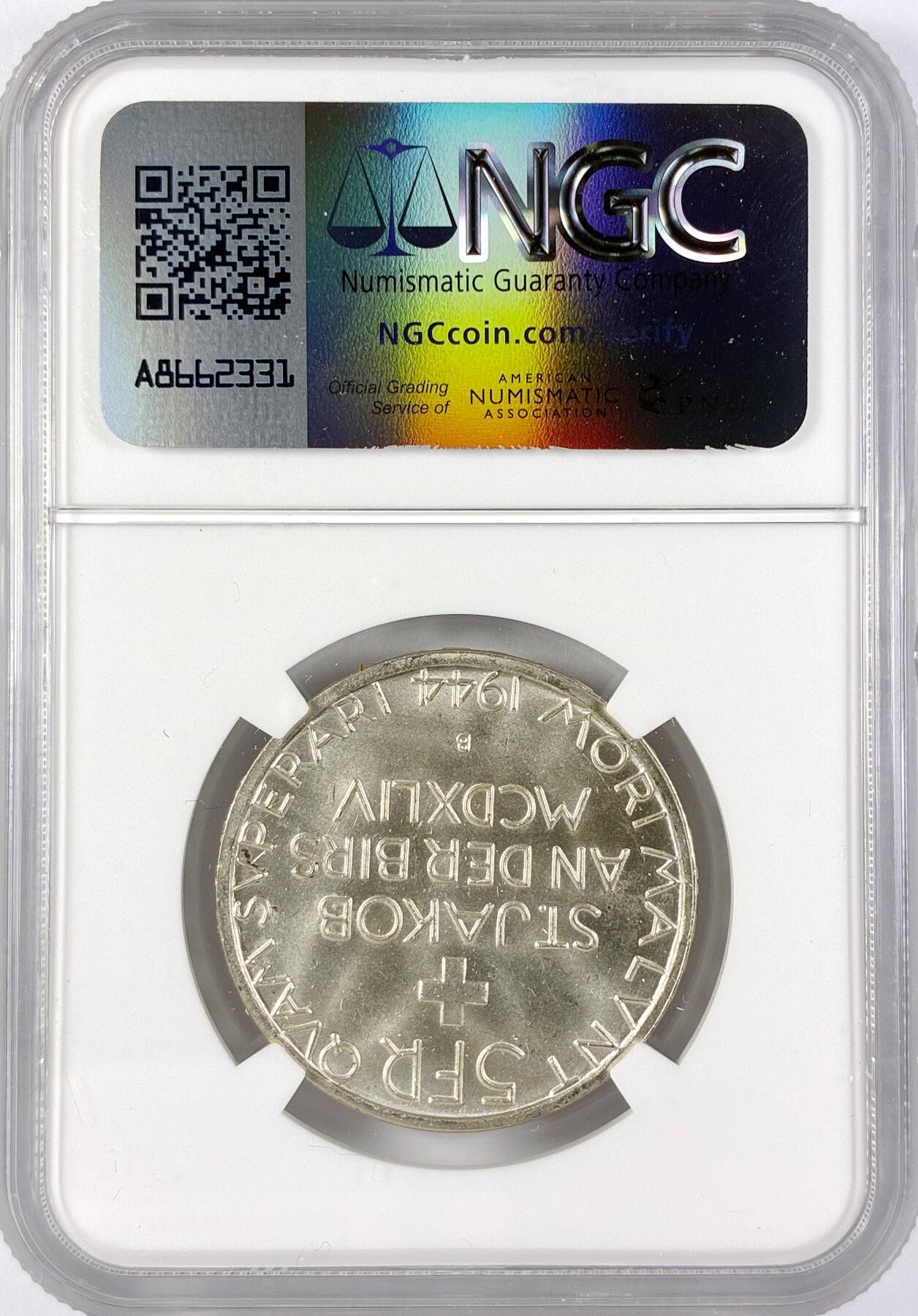 【雨安】【直播拍卖】【世界币章117期-评级币】2025-11-29 周六 19:30 保真 [评级欧洲] Switzerland 瑞士 5法郎 1944年 圣雅各布比尔斯战役 KM# 45  NGC-MS65