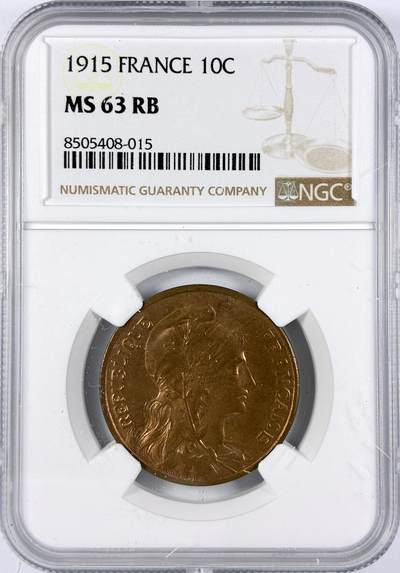【雨安】【直播拍卖】【世界币章117期-评级币】2025-11-29 周六 19:30 保真 - [评级法国] France 法国 10分 1915年  NGC-MS63