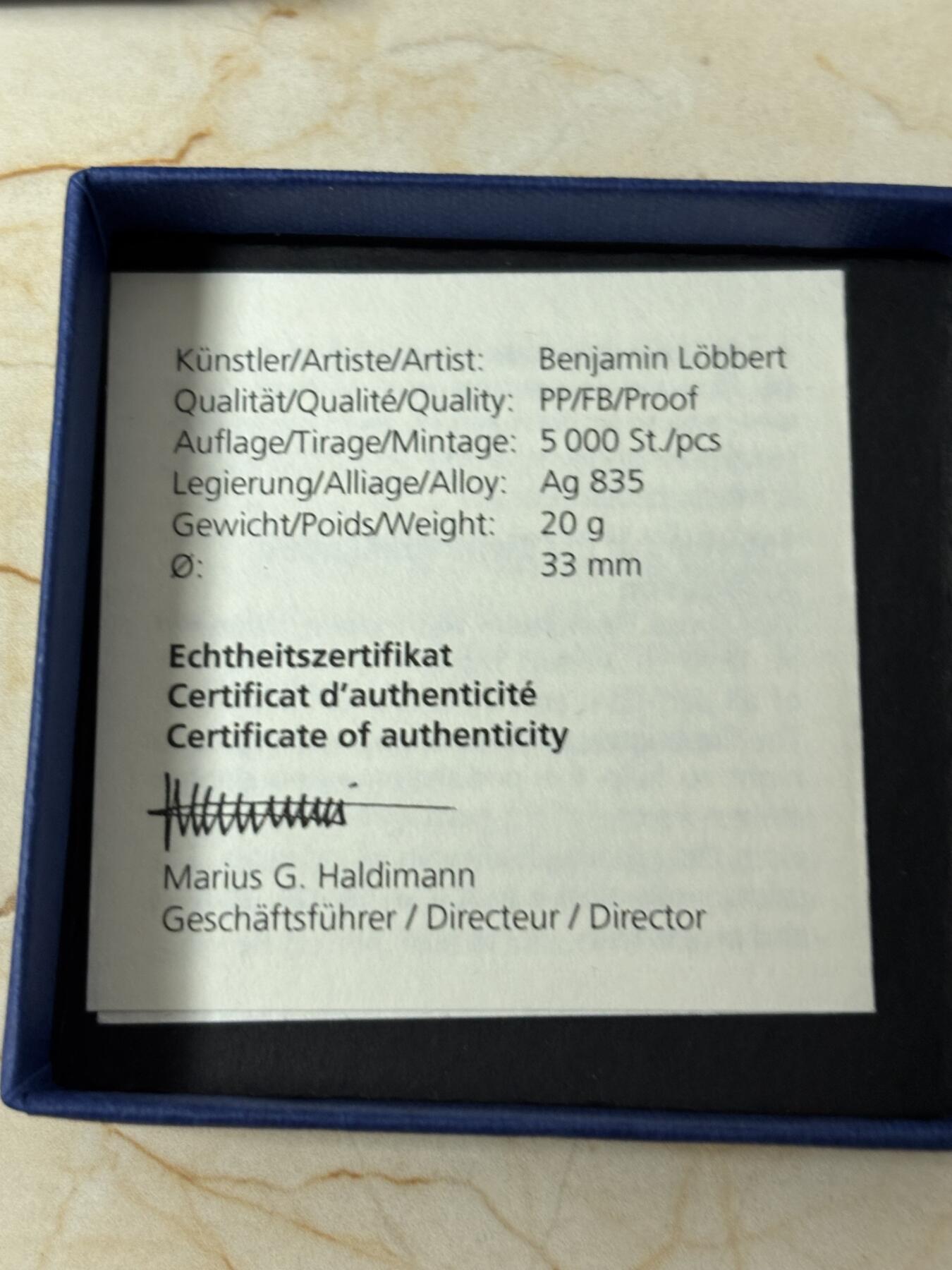 第183期拍卖 瑞士2020年消防150周年20法郎精制纪念银币，835银，20克，发行5000枚