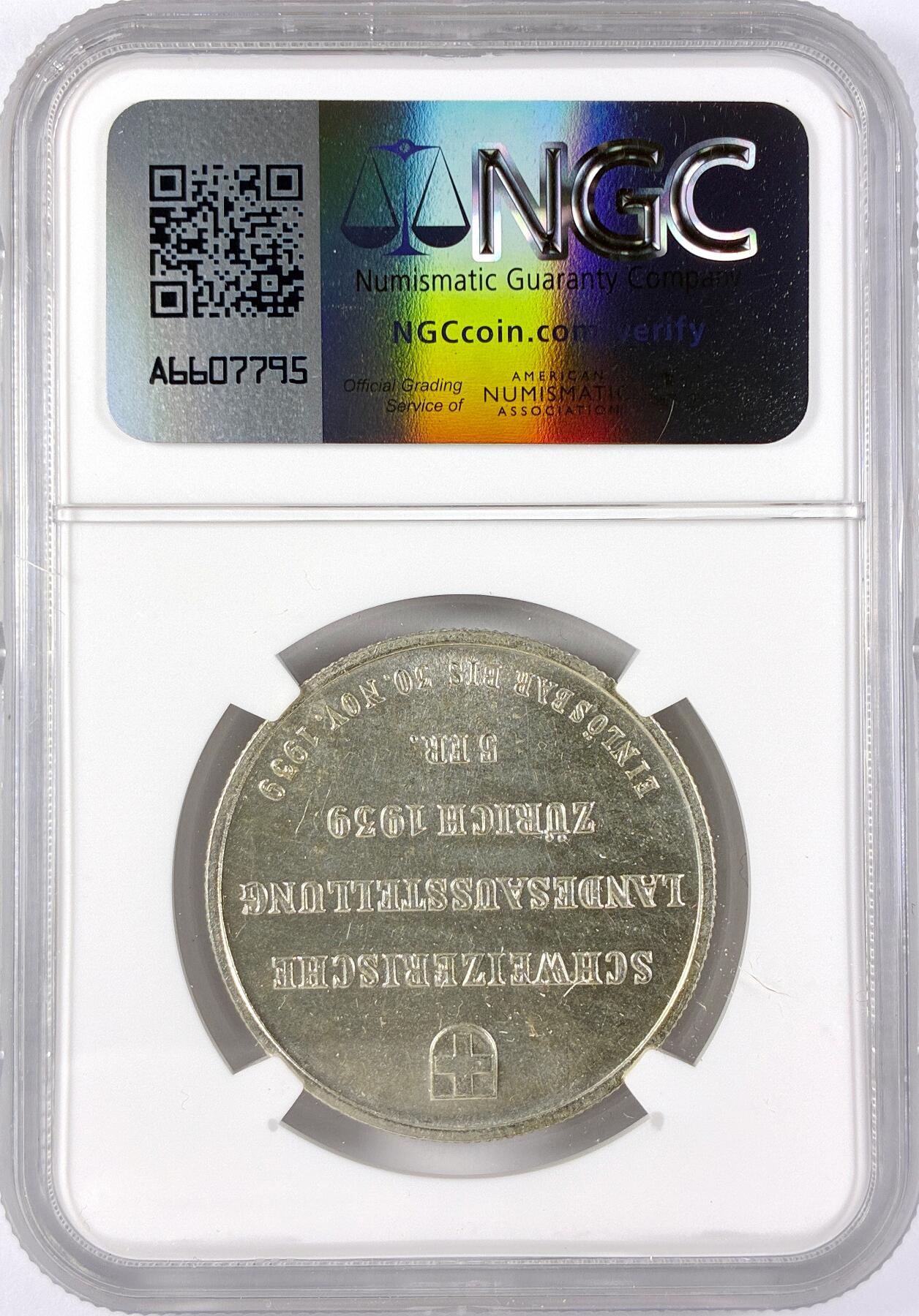 【雨安】【直播拍卖】【世界币章117期-评级币】2025-11-29 周六 19:30 保真 [评级欧洲] Switzerland 瑞士 5法郎 1939年 苏黎世博览会 KM# 43  NGC-MS63