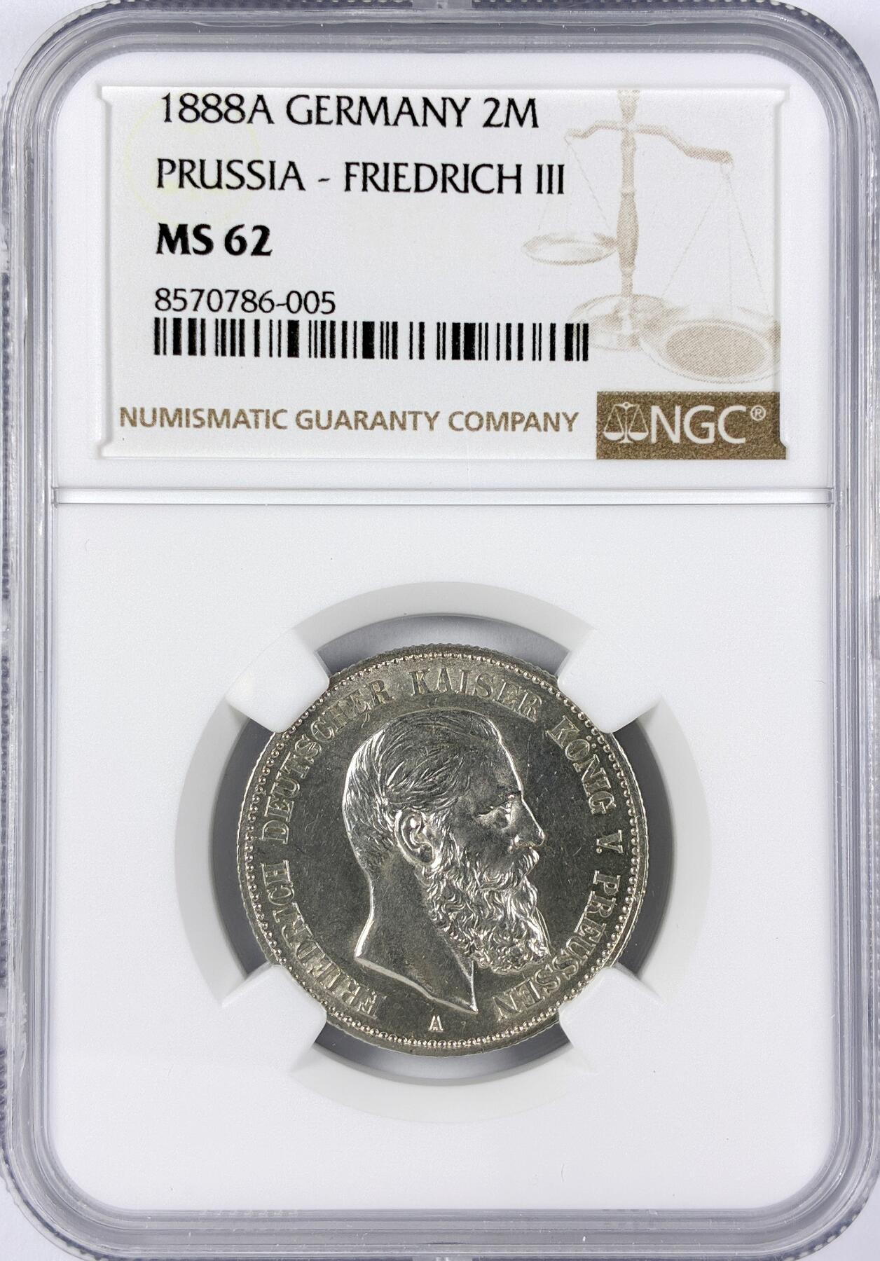 【雨安】【直播拍卖】【世界币章117期-评级币】2025-11-29 周六 19:30 保真 [评级德国] Germany 德国 帝国 普鲁士 2马克 (1888) 三皇 1888年  NGC-MS62