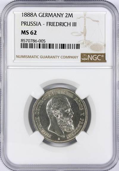 【雨安】【直播拍卖】【世界币章117期-评级币】2025-11-29 周六 19:30 保真 - [评级德国] Germany 德国 帝国 普鲁士 2马克 (1888) 三皇 1888年  NGC-MS62