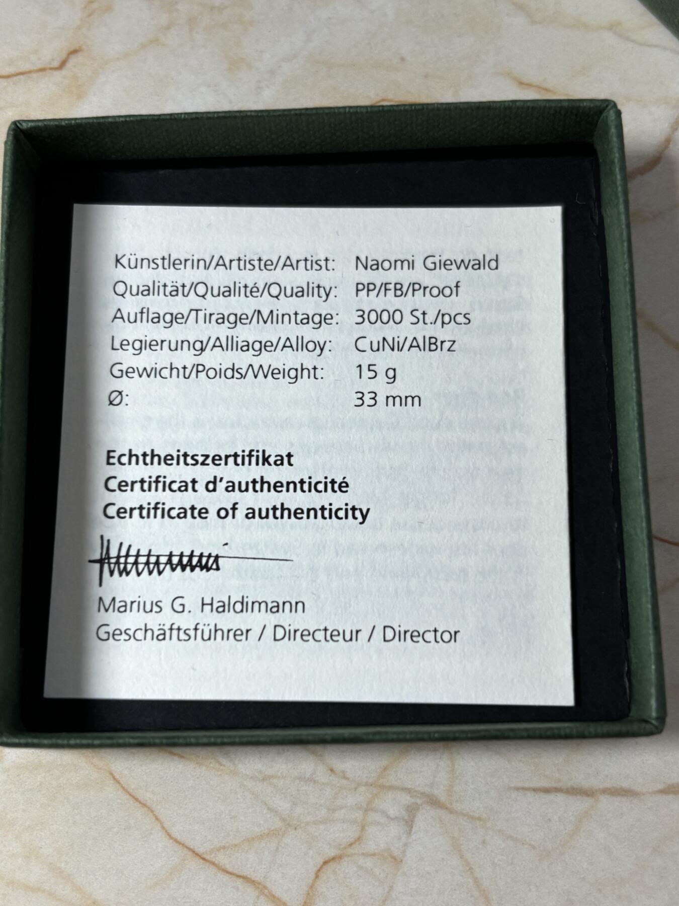 第183期拍卖 瑞士2019年森林动物系列傻狍子10法郎双色精制币，有氧化
