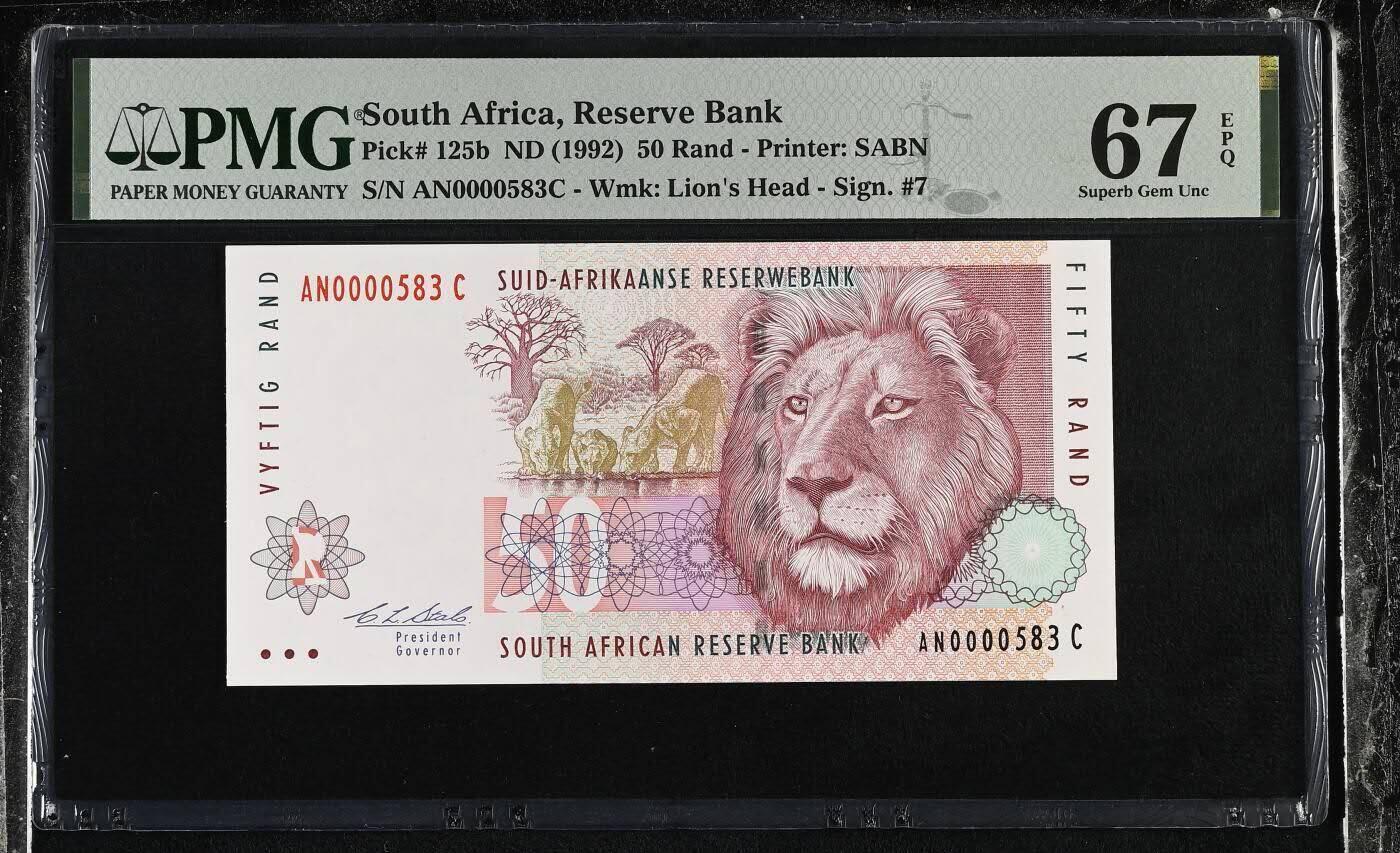 《艾美收藏》第222期-11.30周日外币畅拍 南非1992年初版首发年50兰特PMG67E亚军分少见百位583号 PMG错标版，该为Pick#125a初版红水狮子Red Water