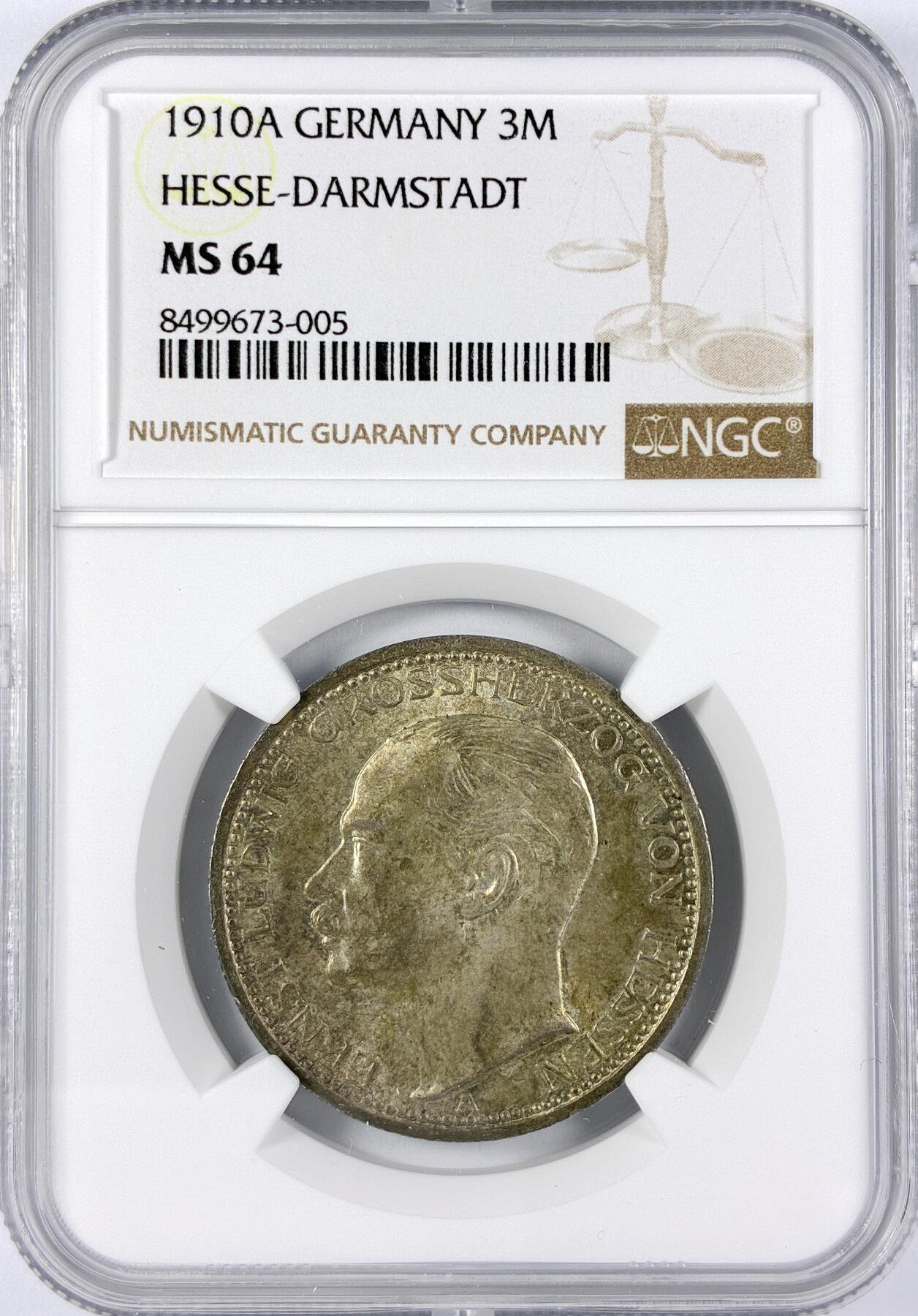 【雨安】【直播拍卖】【世界币章117期-评级币】2025-11-29 周六 19:30 保真 [评级德国] Germany 德国 帝国 黑森 3马克 恩斯特·路德维希 1910年  NGC-MS64