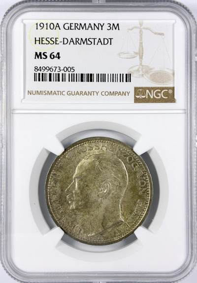 【雨安】【直播拍卖】【世界币章117期-评级币】2025-11-29 周六 19:30 保真 - [评级德国] Germany 德国 帝国 黑森 3马克 恩斯特·路德维希 1910年  NGC-MS64