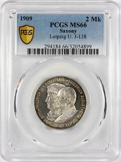 【雨安】【直播拍卖】【世界币章117期-评级币】2025-11-29 周六 19:30 保真 - [评级德国] Germany 德国 帝国 萨克森 2马克 (1909) 莱比锡大学 1909年  PCGS-MS66