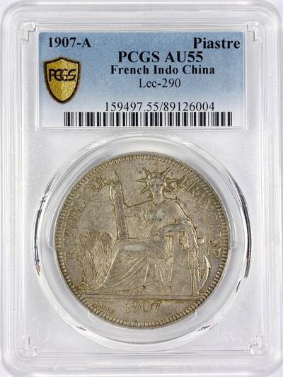 【雨安】【直播拍卖】【世界币章117期-评级币】2025-11-29 周六 19:30 保真 - [评级亚洲] 贸易银 法国 法属印支 坐洋 1皮阿斯特 1907年  PCGS-AU55