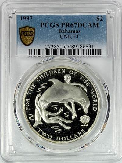 【雨安】【直播拍卖】【世界币章117期-评级币】2025-11-29 周六 19:30 保真 - [评级现代] Bahamas 巴哈马 2元 1997年 联合国儿童基金会 PCGS-PR67RD