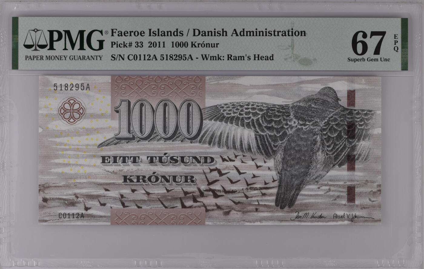 《艾美收藏》第222期-11.30周日外币畅拍 法罗群岛2011年少见A冠1000克朗最高值PMG67E高分无347，IBNS获奖钞粗线版 经典大鹏展翅