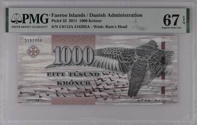 《艾美收藏》第222期-11.30周日外币畅拍 - 法罗群岛2011年少见A冠1000克朗最高值PMG67E高分无347，IBNS获奖钞粗线版 经典大鹏展翅