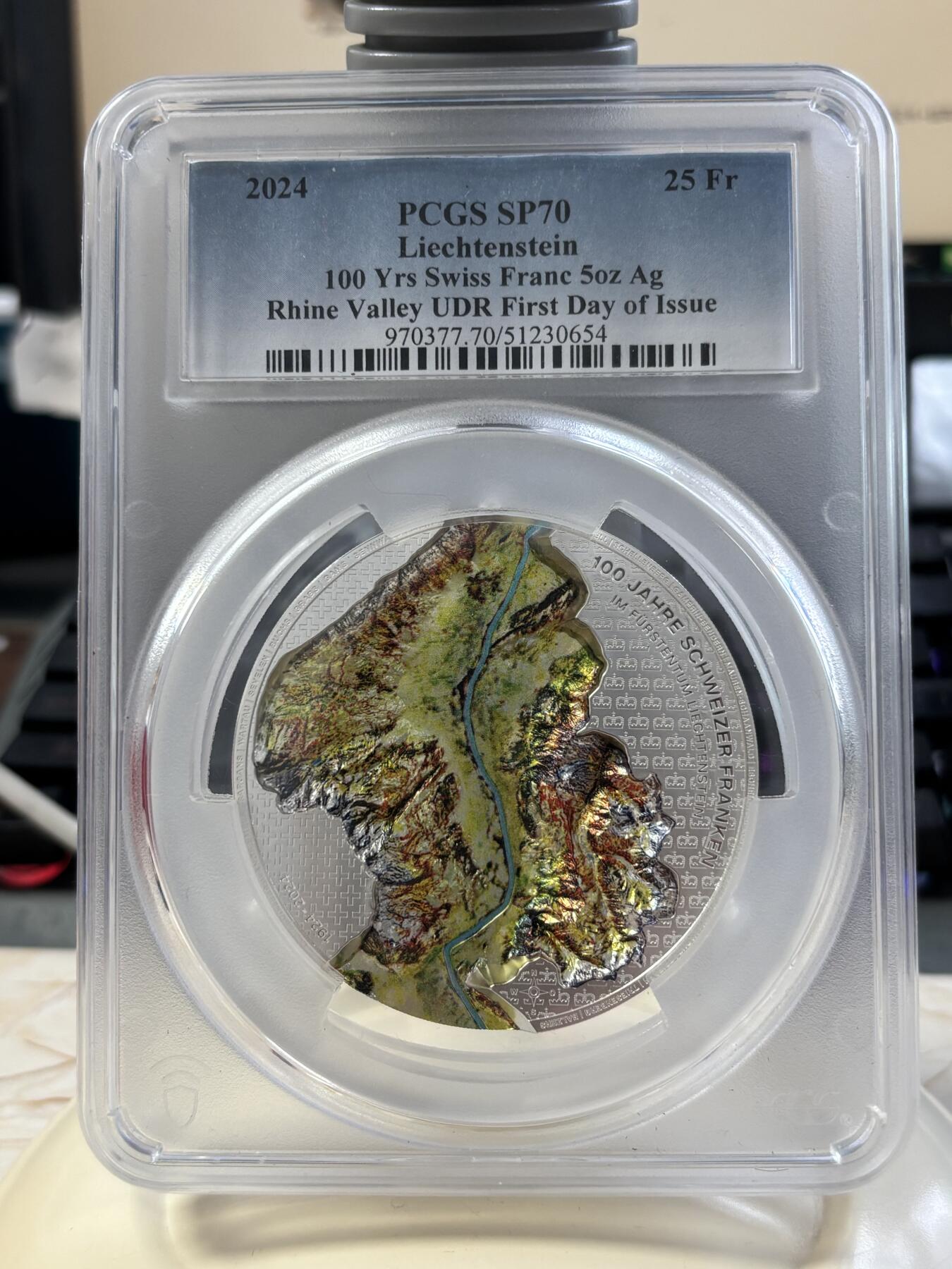 第183期拍卖 列支敦士登2024年莱茵河谷100年瑞士法郎5盎司纪念银币PCGS-SP70无盒无证书，9999银，发行500枚