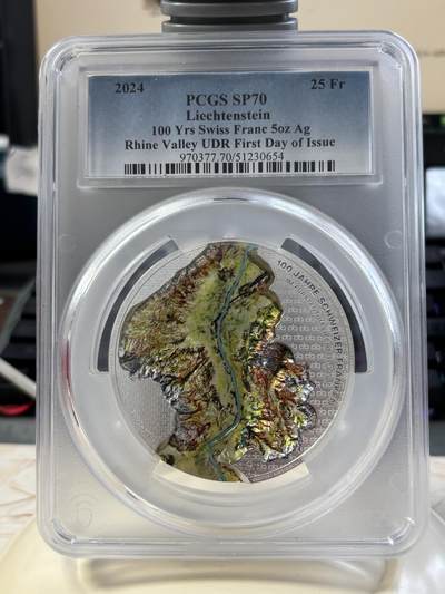第183期拍卖 - 列支敦士登2024年莱茵河谷100年瑞士法郎5盎司纪念银币PCGS-SP70无盒无证书，9999银，发行500枚